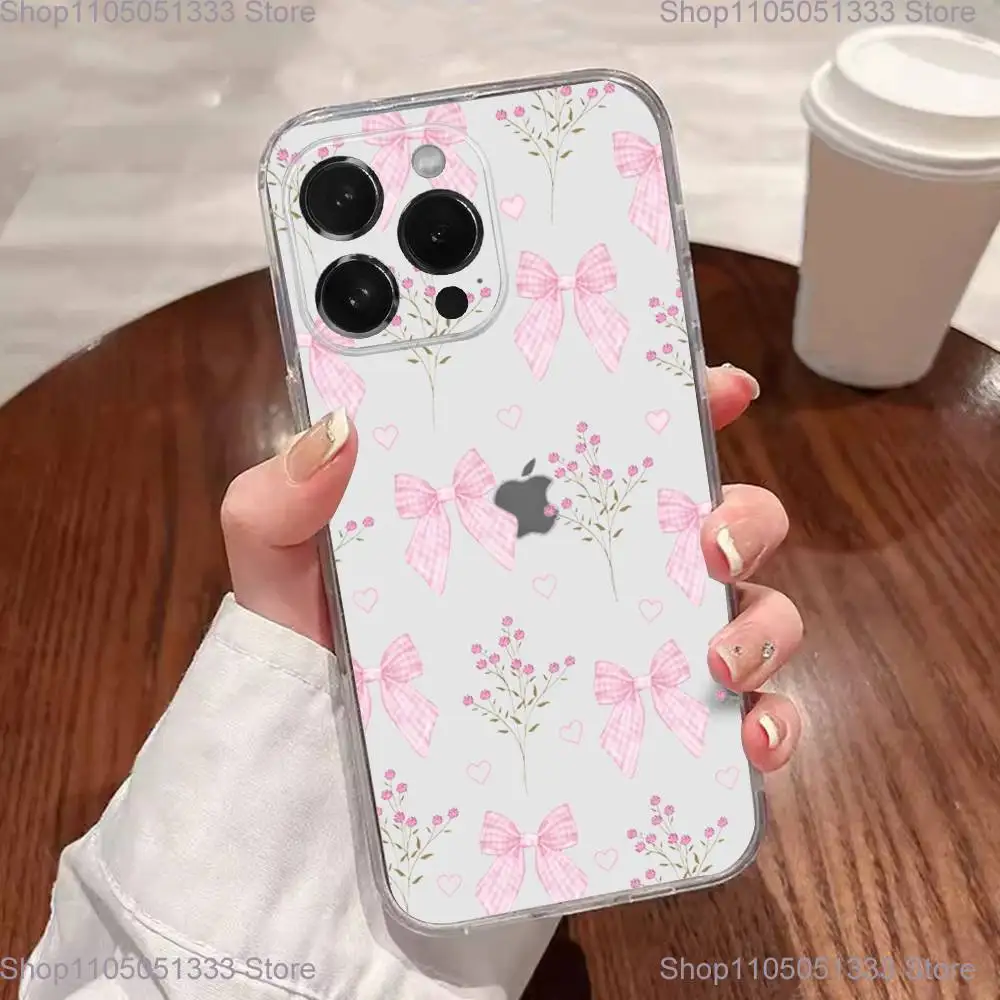 حافظة هاتف كورية لطيفة على شكل فيونكة وردية لهاتف آيفون 17,16,15,14,13,12,11 Plus,Pro,Max,XR,XS,Plus,E,SE4,غطاء شفاف صغير