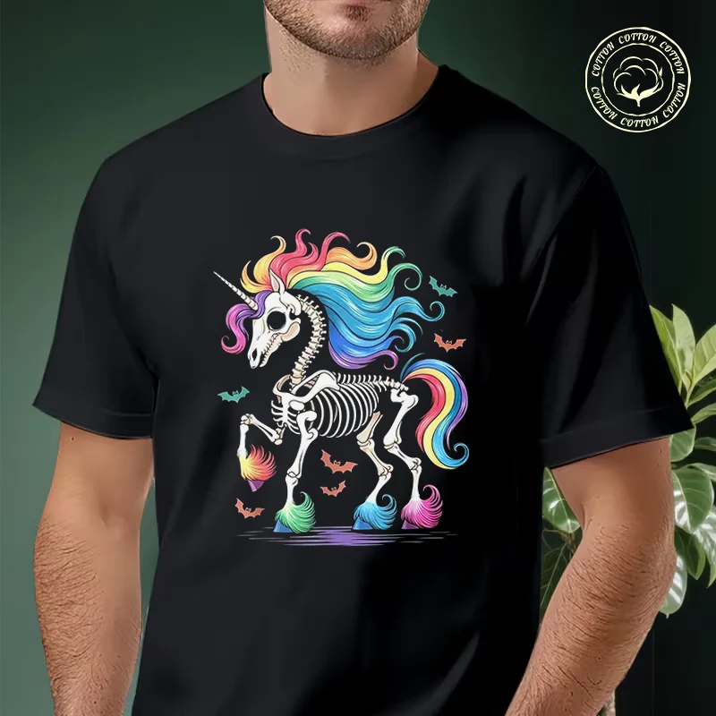 

Vintage-Inspired Unicorn Skeleton Rainbow Graphic Moto T-Shirt Men Hip Hop Streetwear Unisex Casual Fashion Short Sleeve Tops