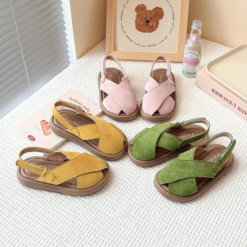 Toddlers Girls Sandals 2025 Summer Children Beach Shoes Kids Fashion Cut-outs Cross-tied Toe-covered Non-slip Soft Simple New