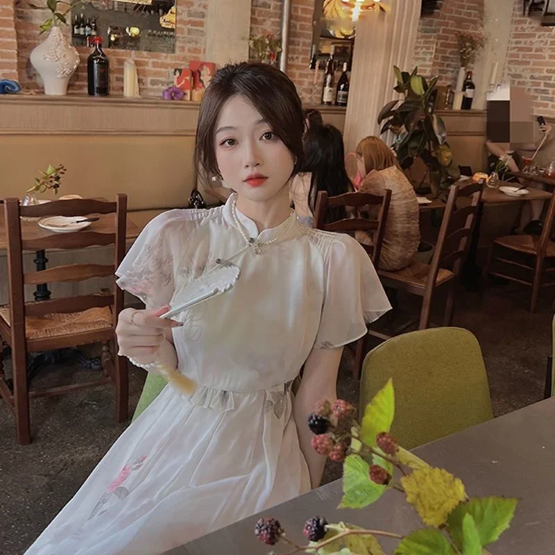 Ink Halo Dyeing New Chinese Style Dress With Improved Women's Temperament Qipao Short Sleeve Cheongsam Fashion Long Dresses