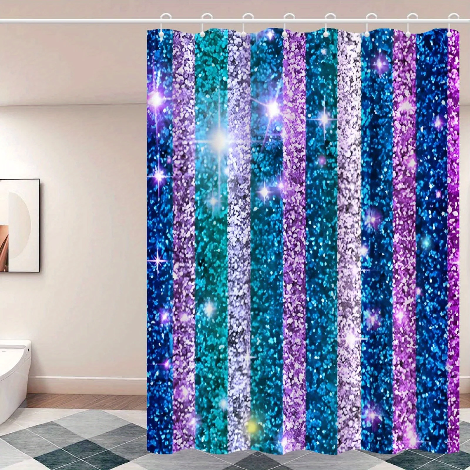 1pc Colorful Striped Sequin Pattern Shower Curtain, High-end Elegant Bathroom Curtain, Bathroom Decoration Pattern