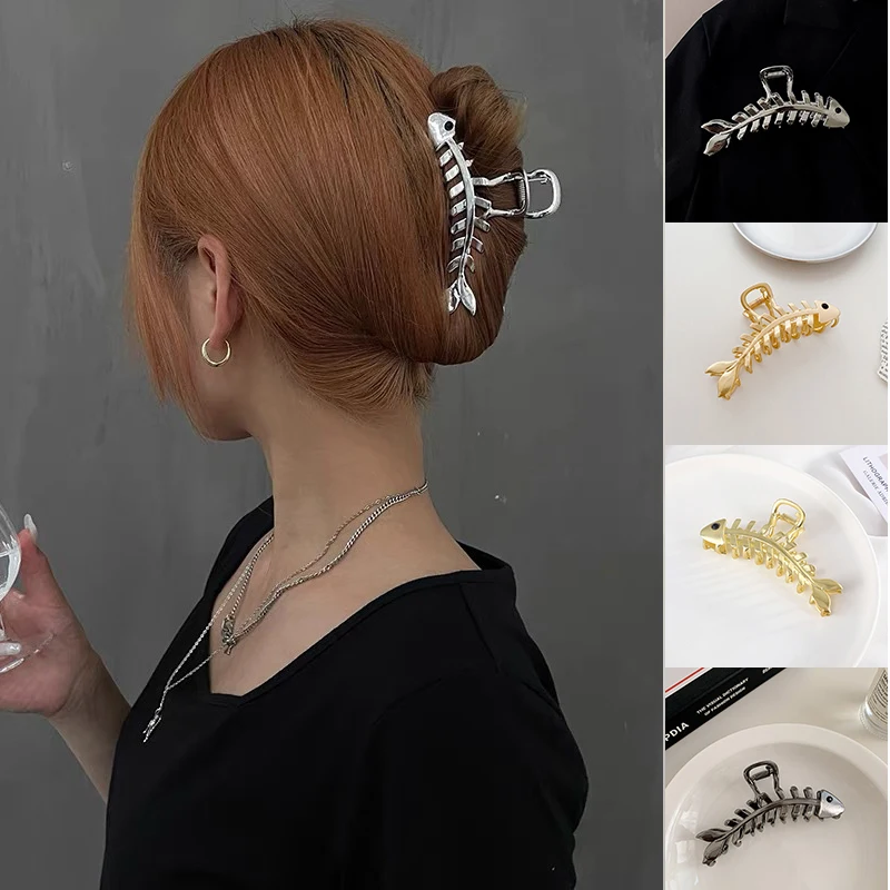 Pinzas para el pelo con diseño de huesos de pescado para mujer, horquillas grandes de Metal, pasadores de estilo Punk, accesorios para el cabello