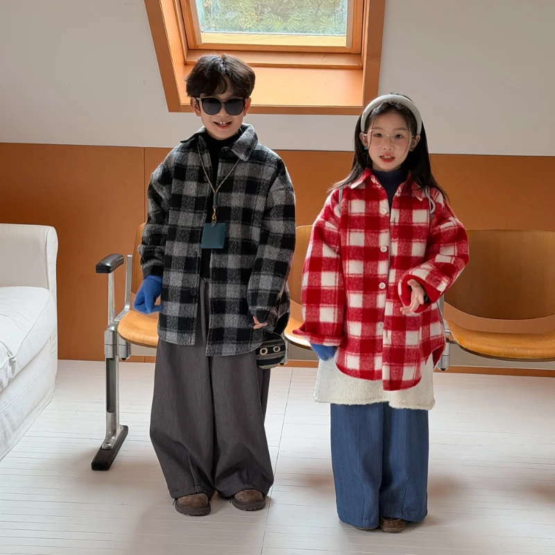 

2025 Winter Children's Plush Thick Fashionable Color Blocked Grid Medium length Woolen Coat