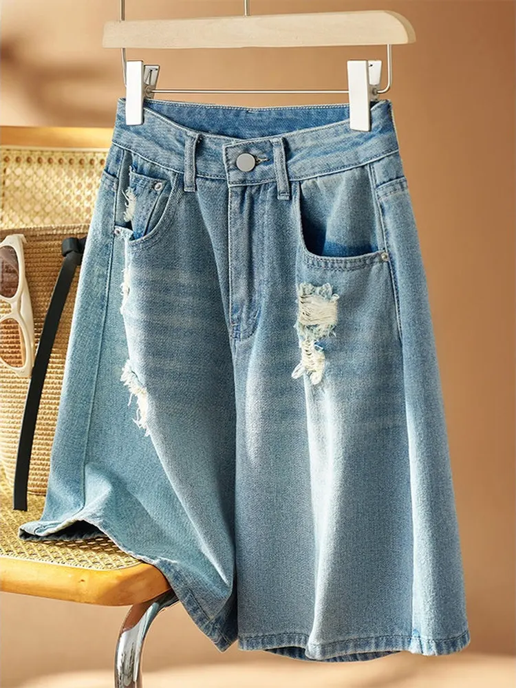 

High Waist Wide Leg Jeans Shorts Women's Summer New Loose Slimming A-Line Shorts Casual Washed Denim Blue Straight Fit Jeans