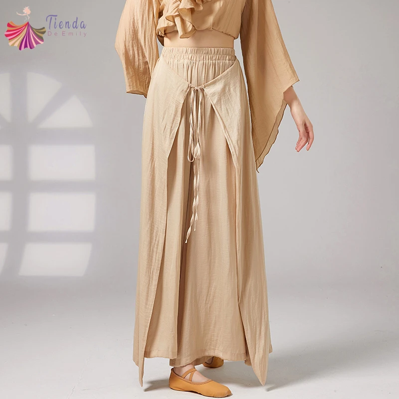 Modern Dance Pant Women Elastic Waist Drawstring Split Wide Leg Trousers Stage Folk Dance Performance Costume Hanfu Skirt Pant