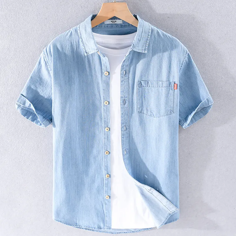 Summer Thin Washed Pure Cotton Loose Casual Short Sleeve Denim Shirt Men's Japanese Style Vintage Lightweight Breathable
