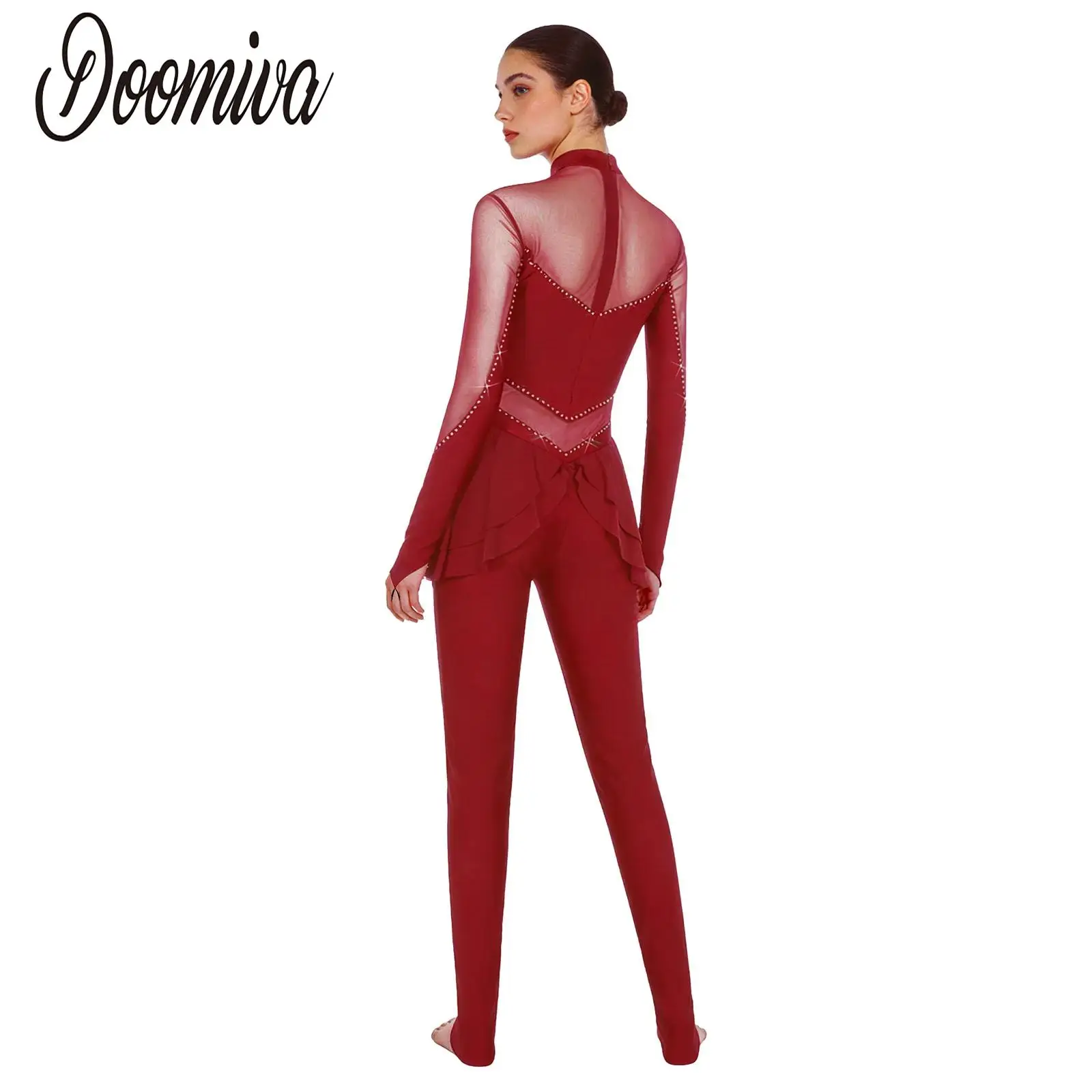 女性フィギュアスケートレオタードジャンプスーツドレス光沢のあるラインストーン新体操バレエダンスアクロバットパフォーマンス衣装