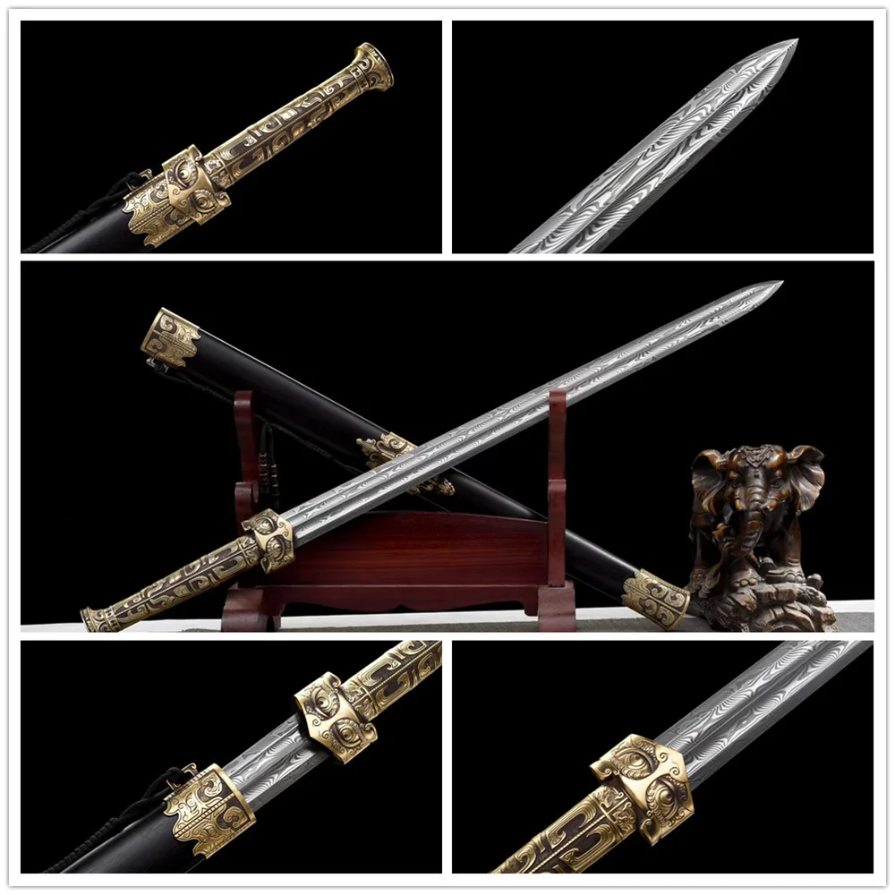 Brass Battle Ready Sword Tradition Handmade Forging Eight Sided Martial Art Sword Damascus Steel Blade Full Tang Ebony Sheath