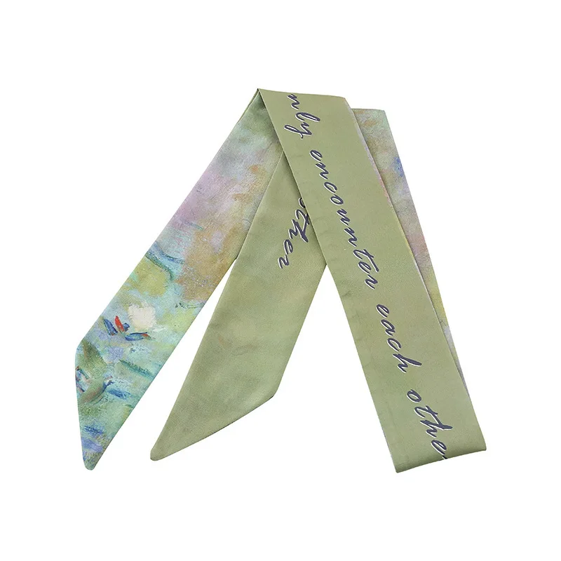 Vintage Oil Painting Silk Scarf Headband Long Tail Wrap Tie for Women Hair Accessory Boho Style