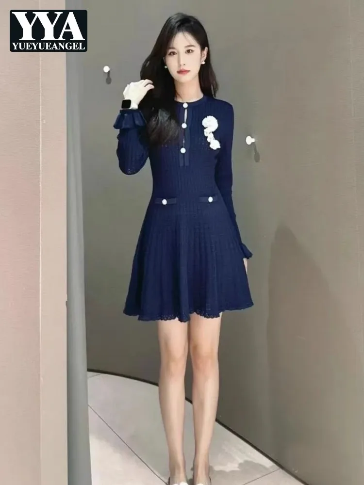 

Осеннее новое женское вязаное крючком цветочное вязаное платье с ромбовидными пуговицами и расклешенными рукавами, облегающее платье длиной выше колена с круглым вырезом