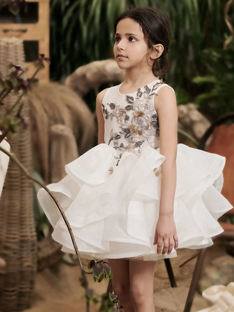 Custom JDY High Sleeveless Floral Embroidery Ruffle Organza Short Flower Girl Dress Wedding Party Gown Birthday Pageant Dress فس