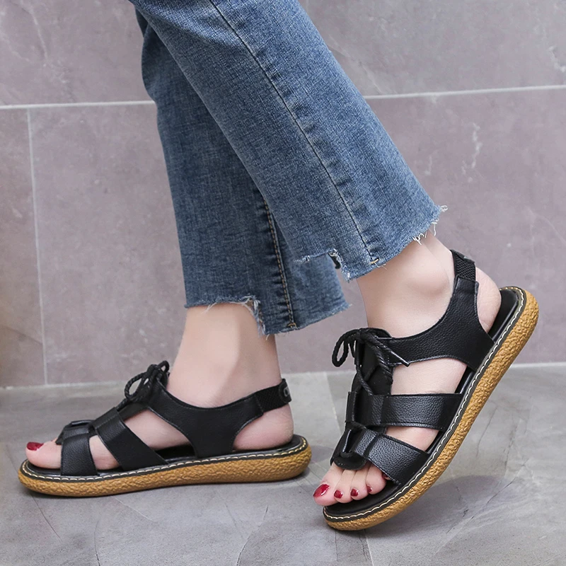 2023 Fashion Summer New Round Head Cross Lacing Solid Color Sexy Sandals for Women's Open Toe Comfortable Flat Sandals for Women