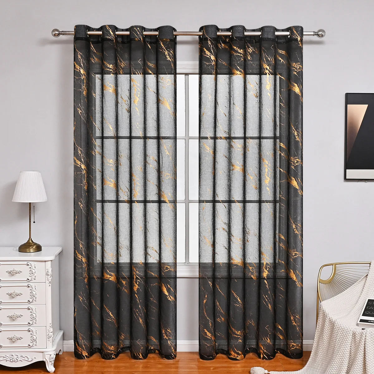 Modern Gold Marble Print Sheer Curtains 2 Panels, Semi-Transparent Voile Drapes with Eyelets, Luxury Window Treatment