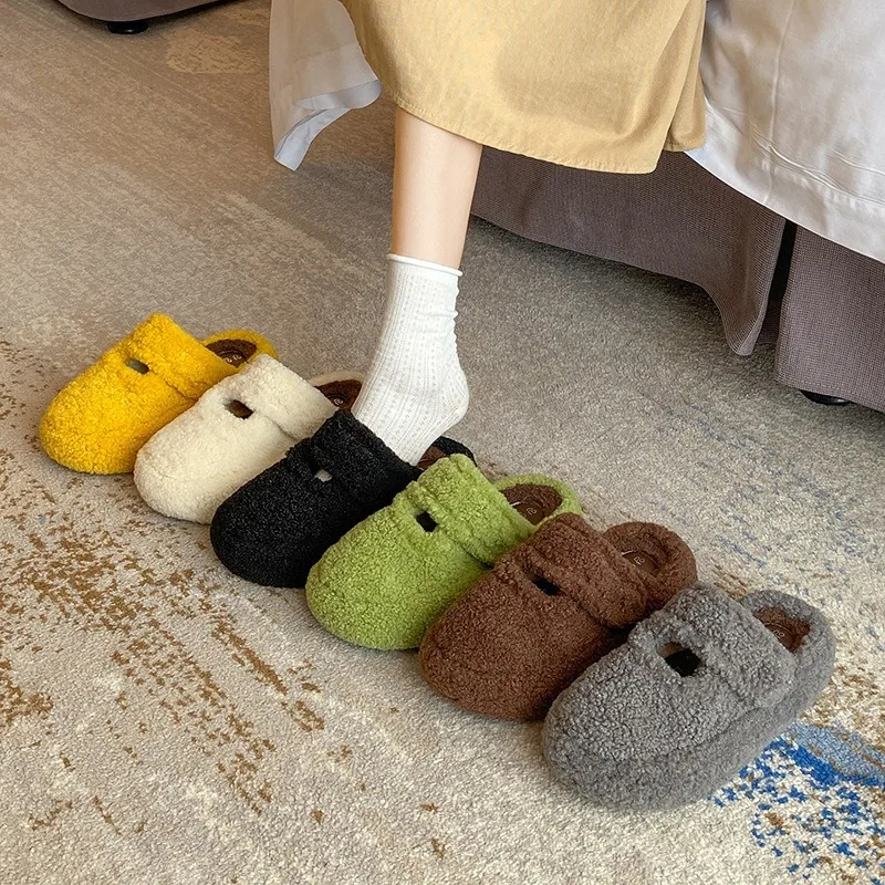 Fashion Versatile Warm Velvet Half Slippers for Women Winter 2025 Solid Plush Fluffy Comfortable Slip on Chunky Cotton Draggers