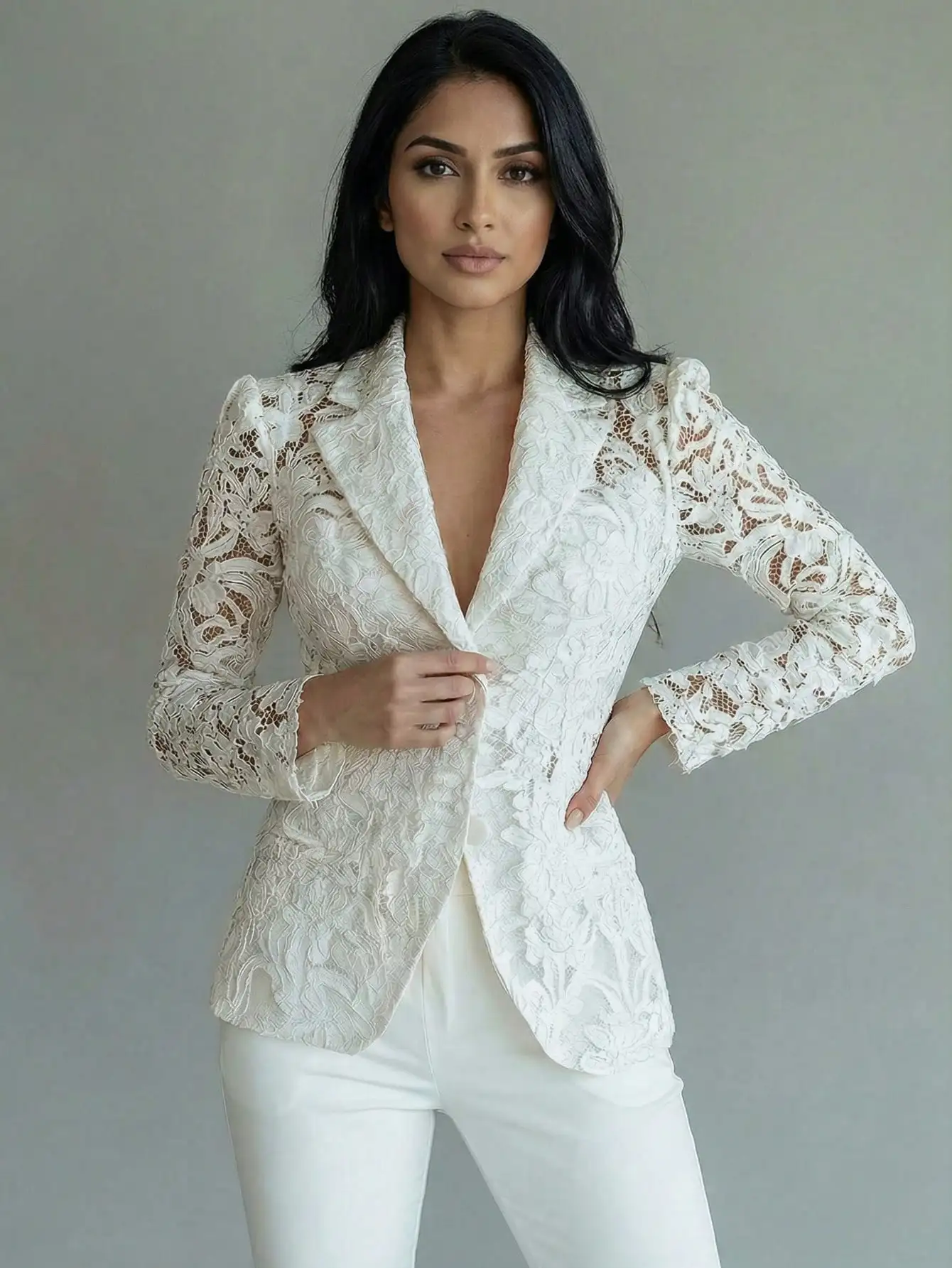 

White Floral Lace Blazer For Women, Sheer Long Sleeve, Regular Fit, Elegant Formal Style