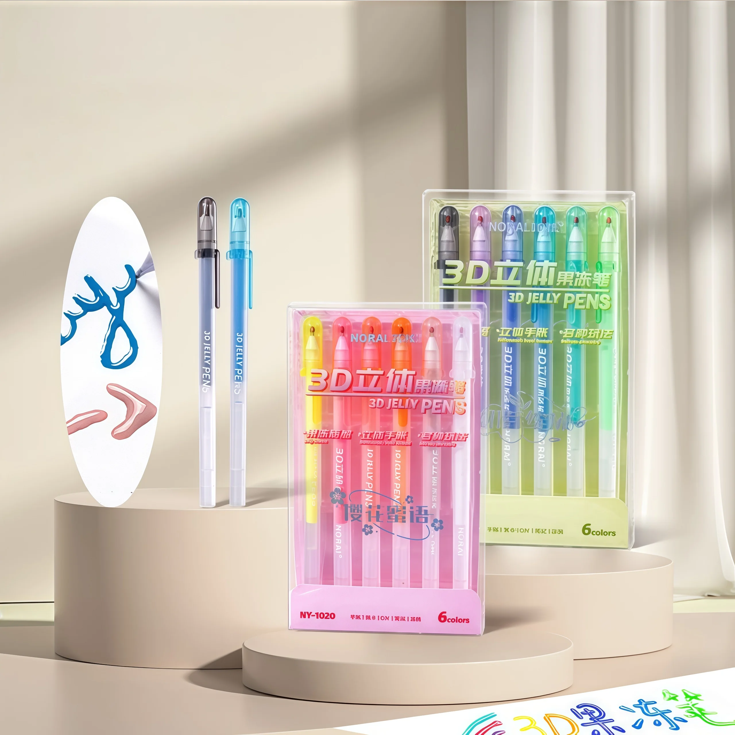 3D Stereo Jelly Pen Set: 6 Colors with Transparent Round Barrels, Kids' DIY Journal & Watercolor Markers