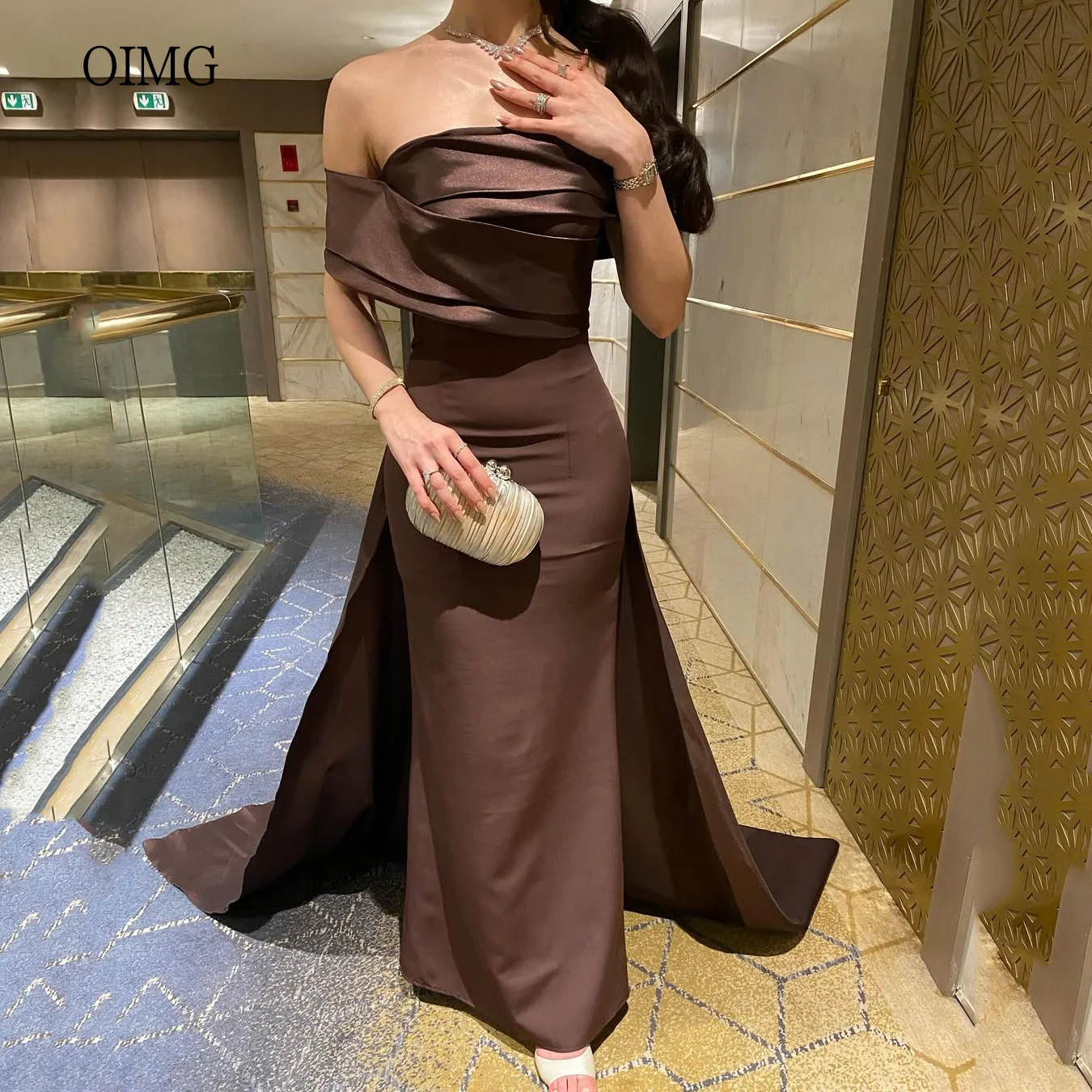

OIMG Vintage Brown Off The Shoulder Mermaid Prom Gowns Backless Party Gown Saudi Floor Length With Tail Evening Dress Customized