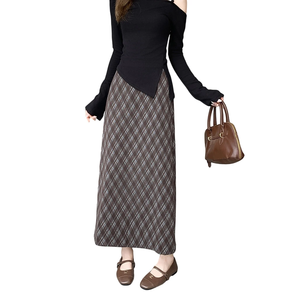 موضة جديدة منقوشة ميدي تنورة للنساء الخريف الشتاء المتخصصة تصميم البريد مستقيم تنورة عادية مكتب سيدة التنانير الطويلة