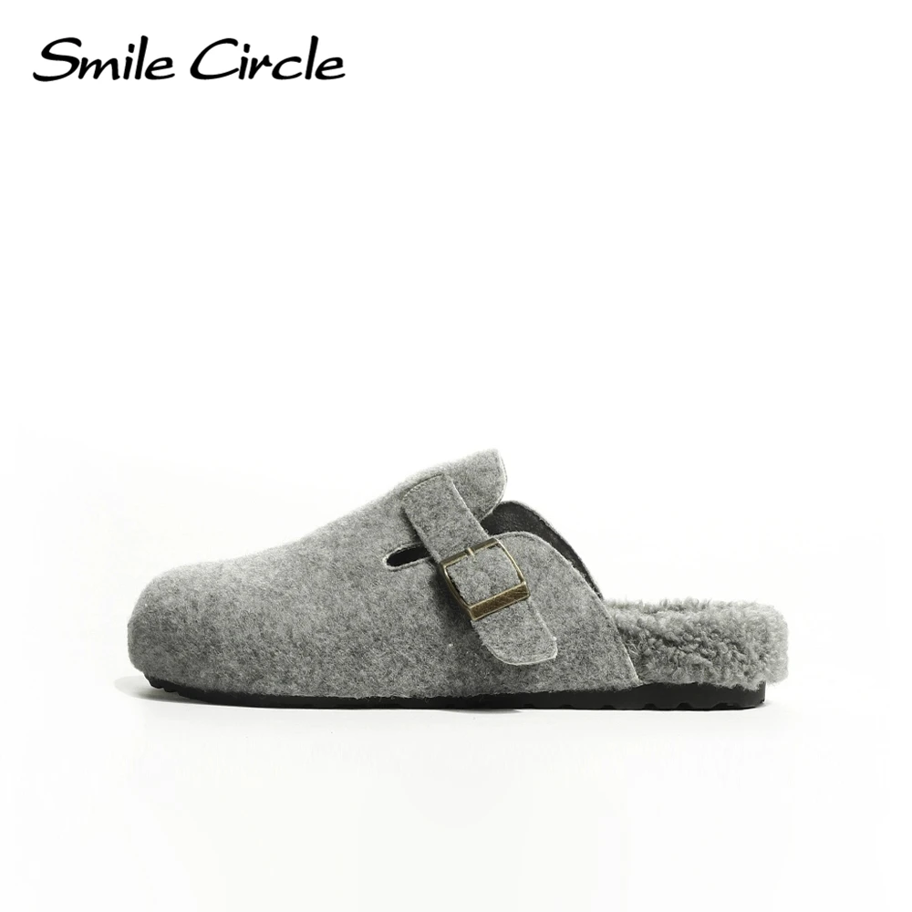 Smile Circle Women Slippers Winter Warm Plush Round Toe outerwear Fashion Casual Flat Felt Slippers