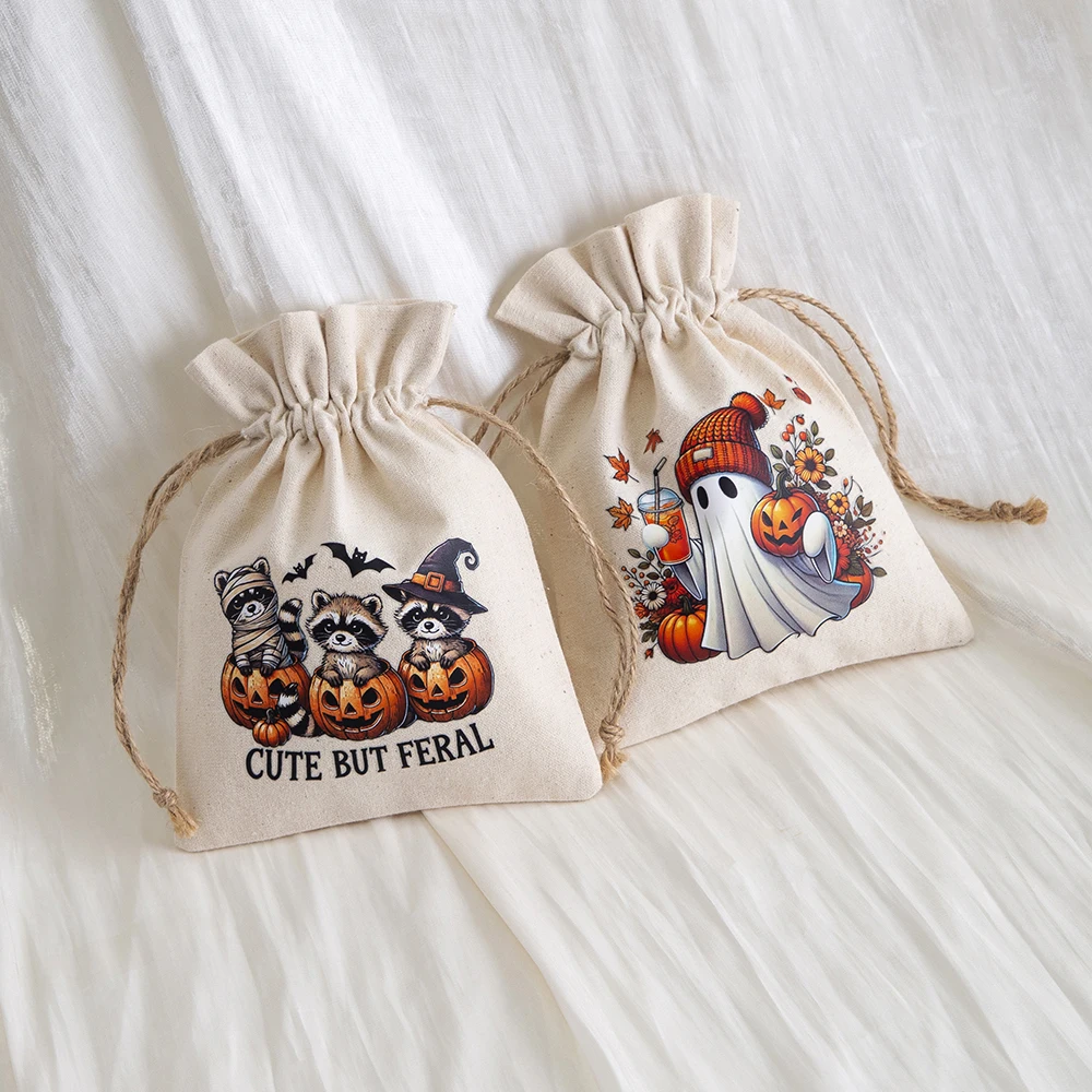 

50Pcs Halloween Linen Burlap Bags Bulk 4X6 Inches Drawstring Gift Sack Small Halloween Goodie Candy Trick Treat Favor Pouches