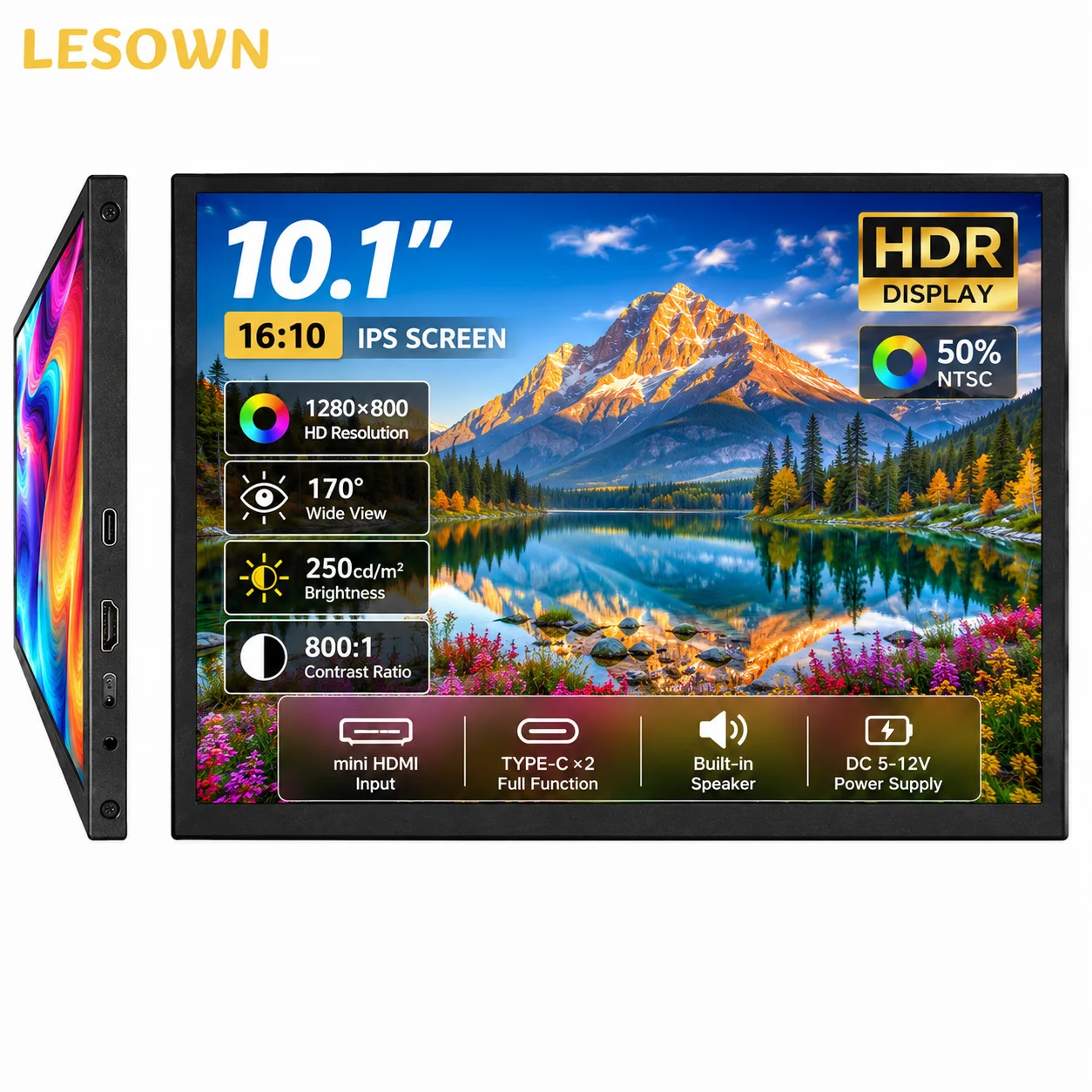 LESOWN 10.1 Inch Portable Monitor HDTV Plug and Play for Console Gaming PS5 Switch Compact Screen Reliable Visual Tool