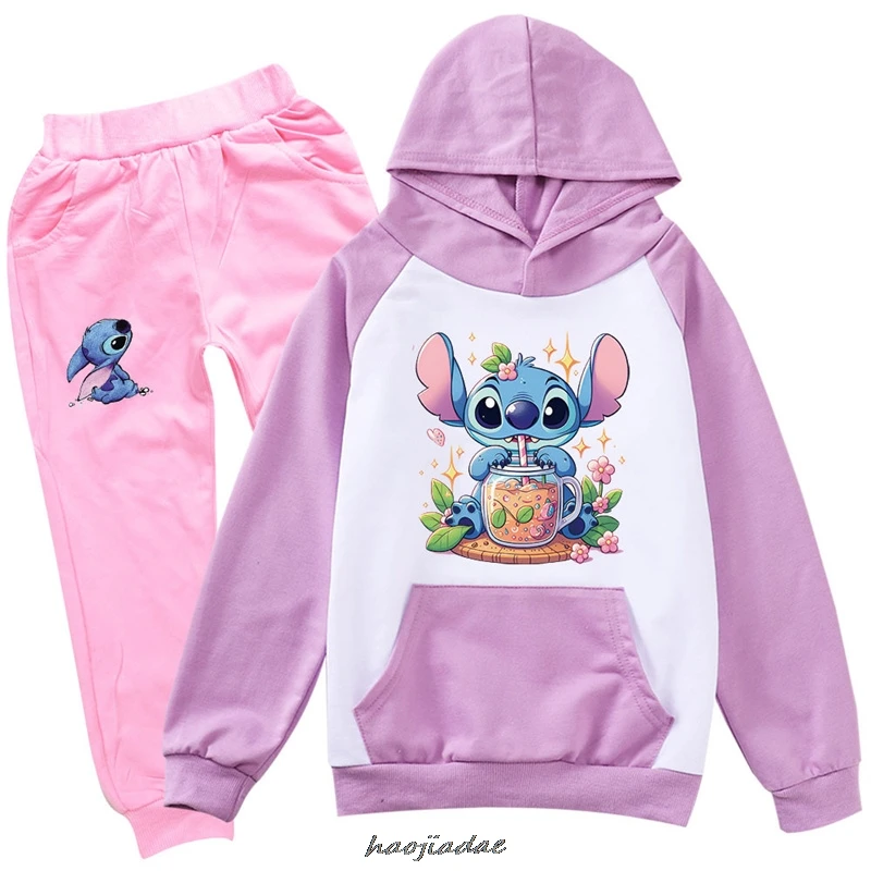 Lilo And Stitch Baby Girls Clothes Pocket Hooded Printed Top + Pant 2Pcs Cartoon Toddler Girls Clothes Teen Women Outfit Sets