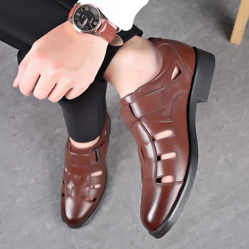 Summer Hollowed Out Men Leather Shoes Soft Sole Casual Business Men‘s Sandals Breathable Office Formal Lightweight Outdoor Shoes