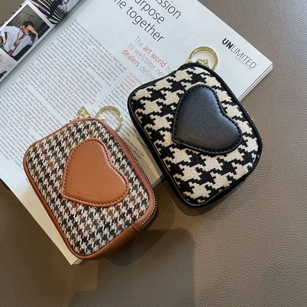 Houndstooth Short Style Canvas Zipper Double Layer Wallet Korean Fashion Coin Purse Car Key Bank Card Bag Small Makeup Bag