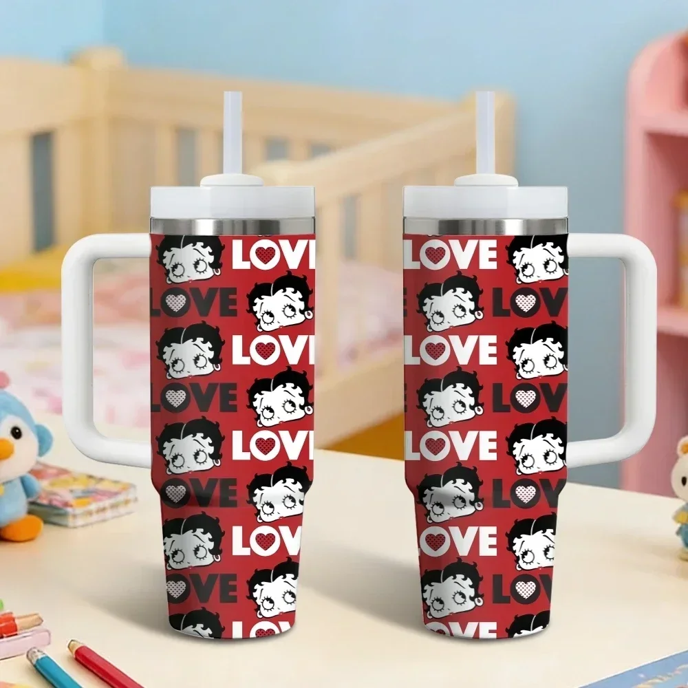 B-Betty B-Boop Vacuum Flasks 40oz Stainless Steel Insulated Tumbler with Handle & Straw Leakproof Travel Mugorders for other colors will be shipped randomly in black or white