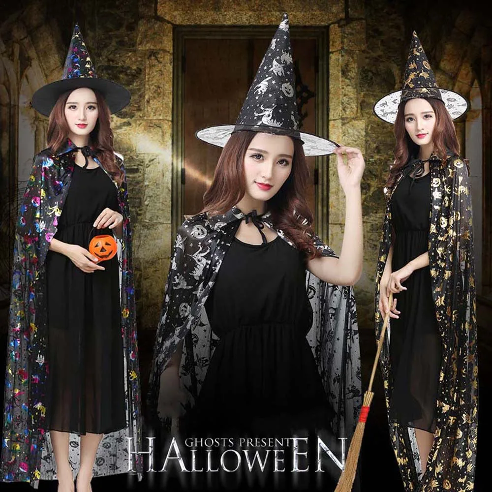 

Забавные костюмы для выступлений, комплекты плащей на Хэллоуин, шапки ведьмы, халат волшебника тыквы, призрак, косплей, одежда ведьмы, унисекс
