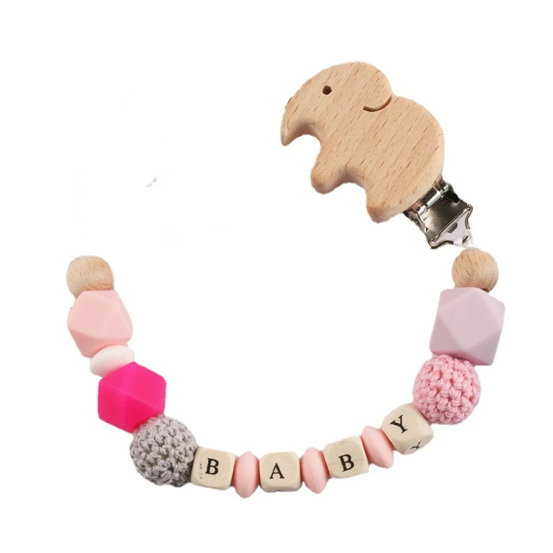 Baby Pacifier Clips Personalized Name Elephant Beech Wood Dummy Nipple Holder Clip Chain Silicone Teethers Newborn Teething Toys