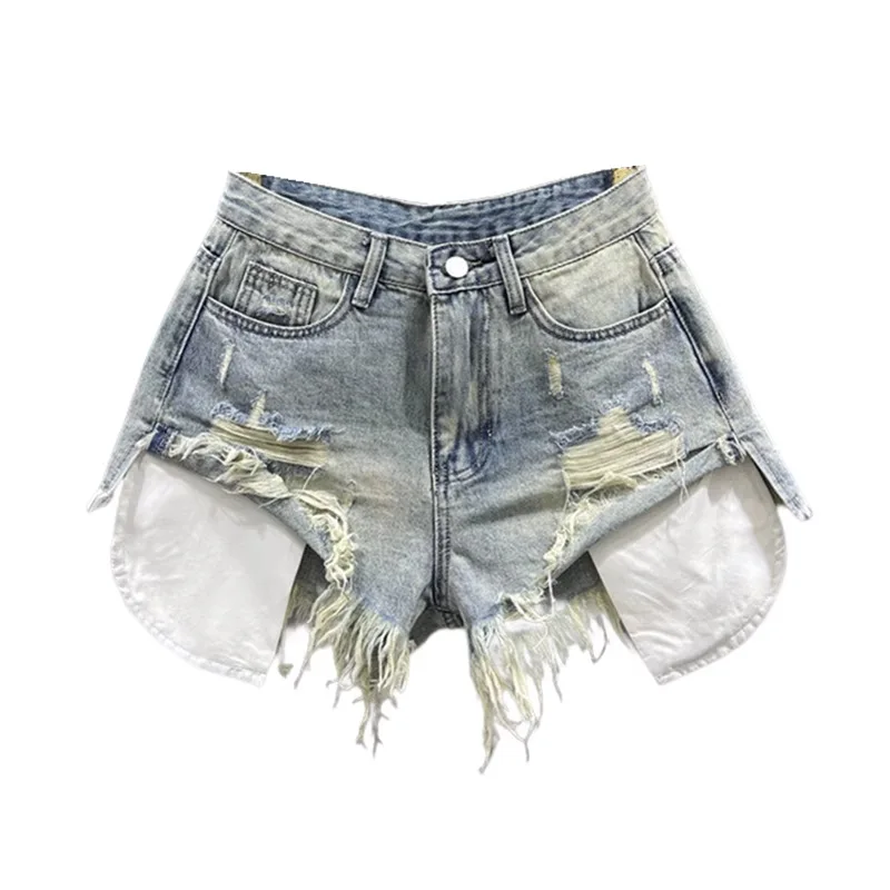 Korean Vintage Blue  Ripped Jeans for Women Patchwork A-line High-waisted Denim Ultra Shorts