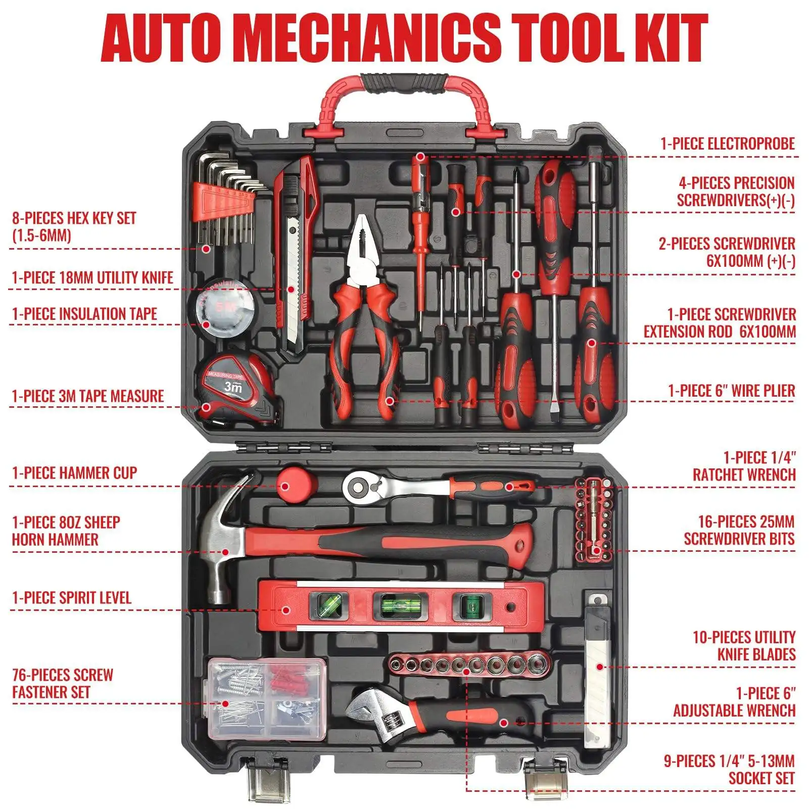 138-Piece Carbon Steel Tool Set Household Kit for Routine Repair and Maintenance, Professional Kit with Hard Toolbox Set