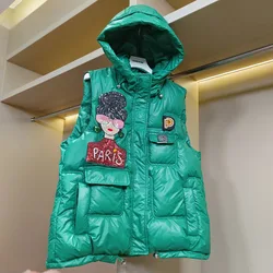 2023 New Cotton Padded Hooded Sequin Vest Winter Heavy Industry Rhinestone Vest Puffer Vest Gilet Women's Quilted Vest