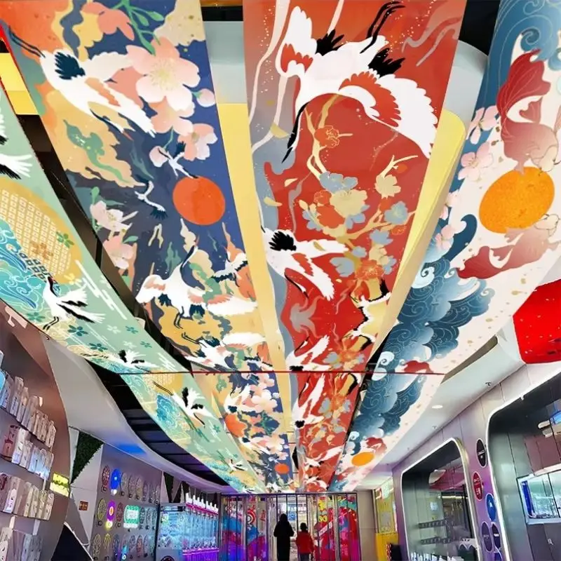 VIKAMA Chinese Retro Guochao Vertical Hanging Streamers Crane Koi Flower Sun Cloud Ceiling Banner Party Home Restaurant