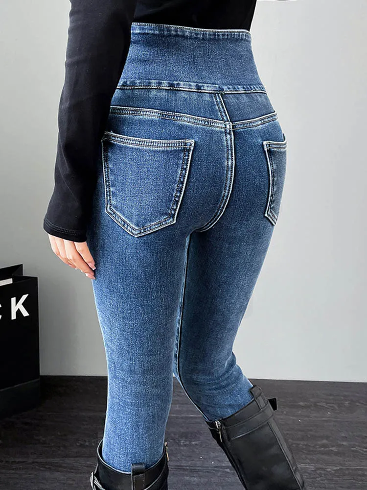 Hoge taille dikker potlood jeans Koreaanse mode mager fluweel gevoerde denim broek winter warm stretch vintage casual vaqueros nieuw