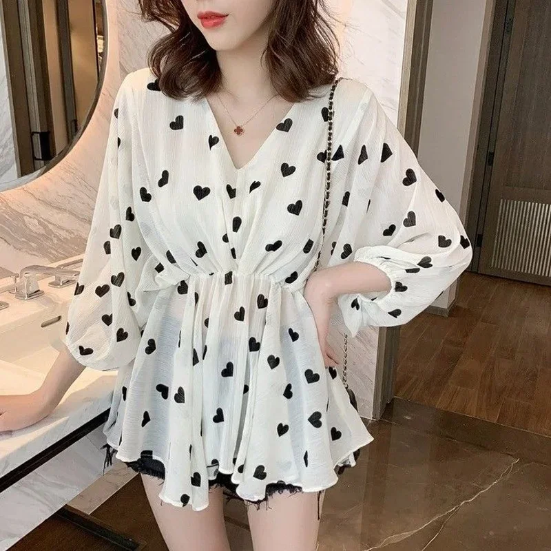 Summer New Print Chiffon Loose Shirt Tops V Neck Half Sleeve Plus Size Blouse Simplicity Youth Fashion Elegant Women Clothing