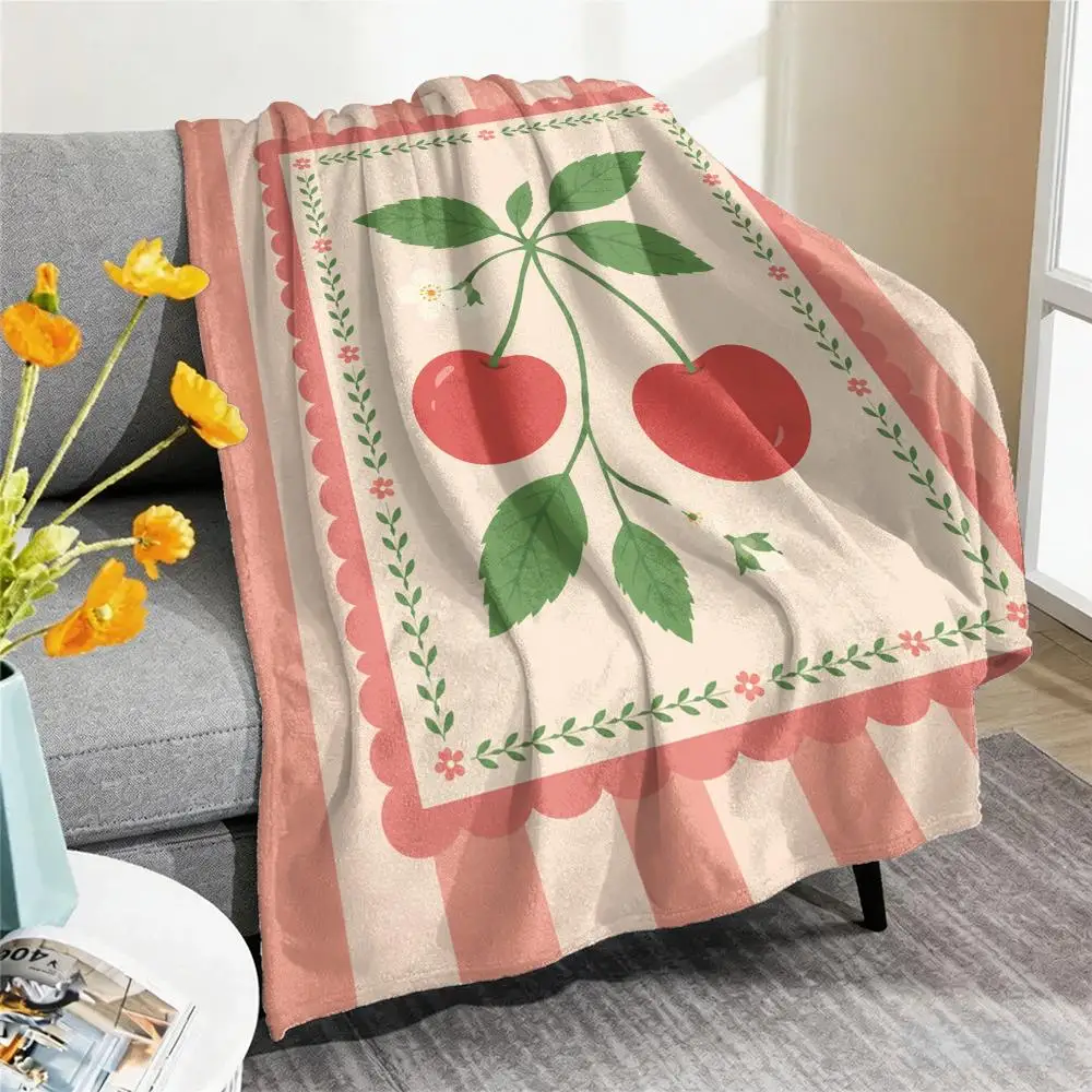 Striped Vintage Botanical Fruits Throw Cozy Summer Nap Flannel Blanket Soft Throw for Office, Couch, Travel & Bed