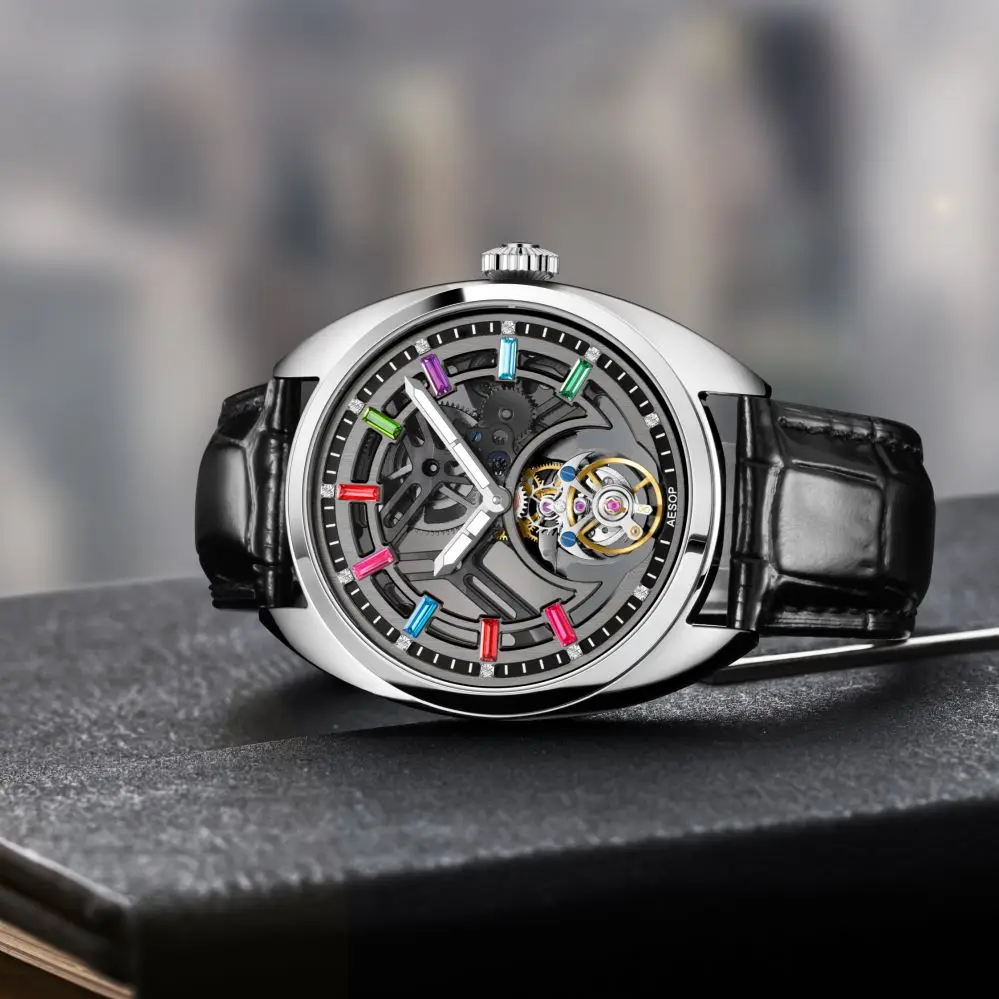 AESOP（7062G) Men Tourbillon Watch Colorful Diamond Skeleton Hollow Out Mechanical Watch 316 Stainless Steel Sapphire Crystal