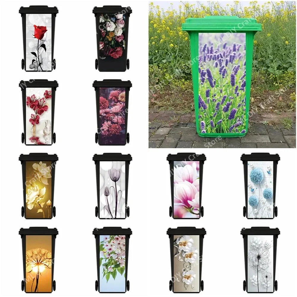 Elegant Red Rose Wheelie Bin Stickers Self Adhesive Waterproof Anti Scratch Trash Can Decals for Outdoor Kitchen Decor