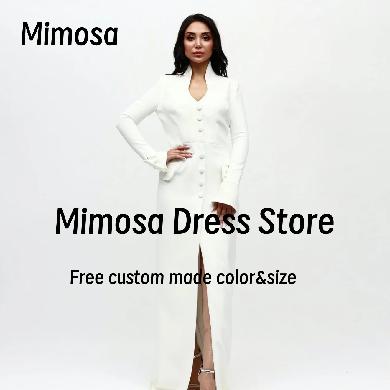 Mimosa Bespoke Special Occasion Dress V Neck High Collar Prom Dresses Buttons Front Slit Evening Party Formal Gowns Customized