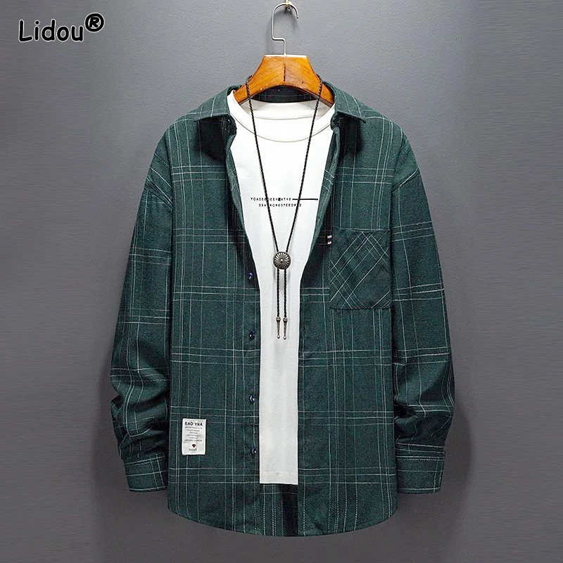 2023 New Spring and Autumn Leisure Simple High Quality Brushed Polo Collar Stripe Print Loose and Versatile Oversize Men's Shirt