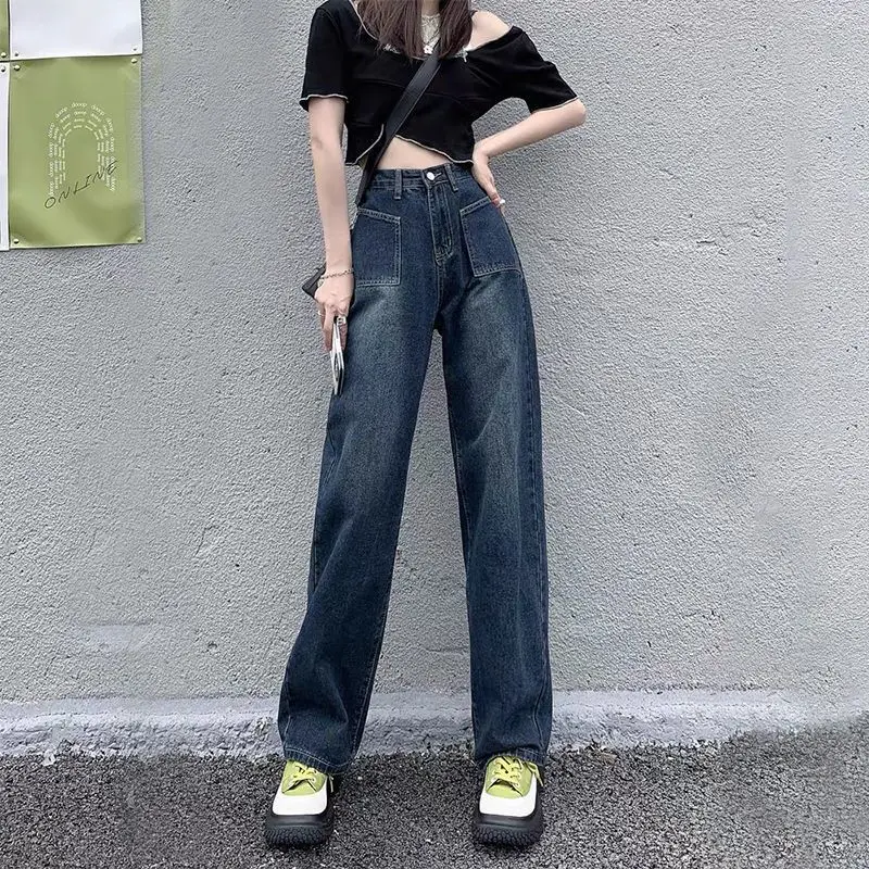 Jeans for Women 2024 High Waist New Button Spring Autumn Wide Leg Jeans Fashion Loose Straight Vintage Warm Y2k Pants Q264