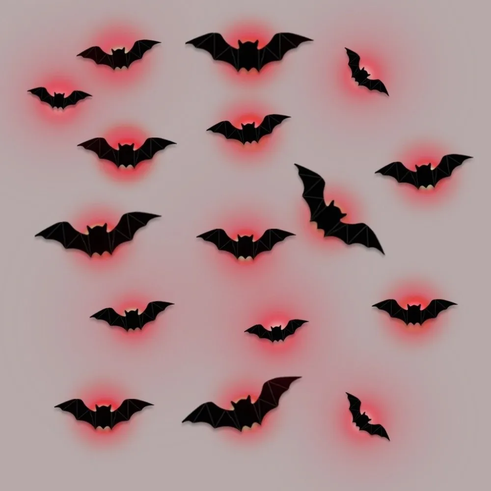 16pcs 3D Luminous Bat Wall Sticker Stereoscopic PET Material LED Bat Light Removable Reusable Night Light Bat Halloween Party