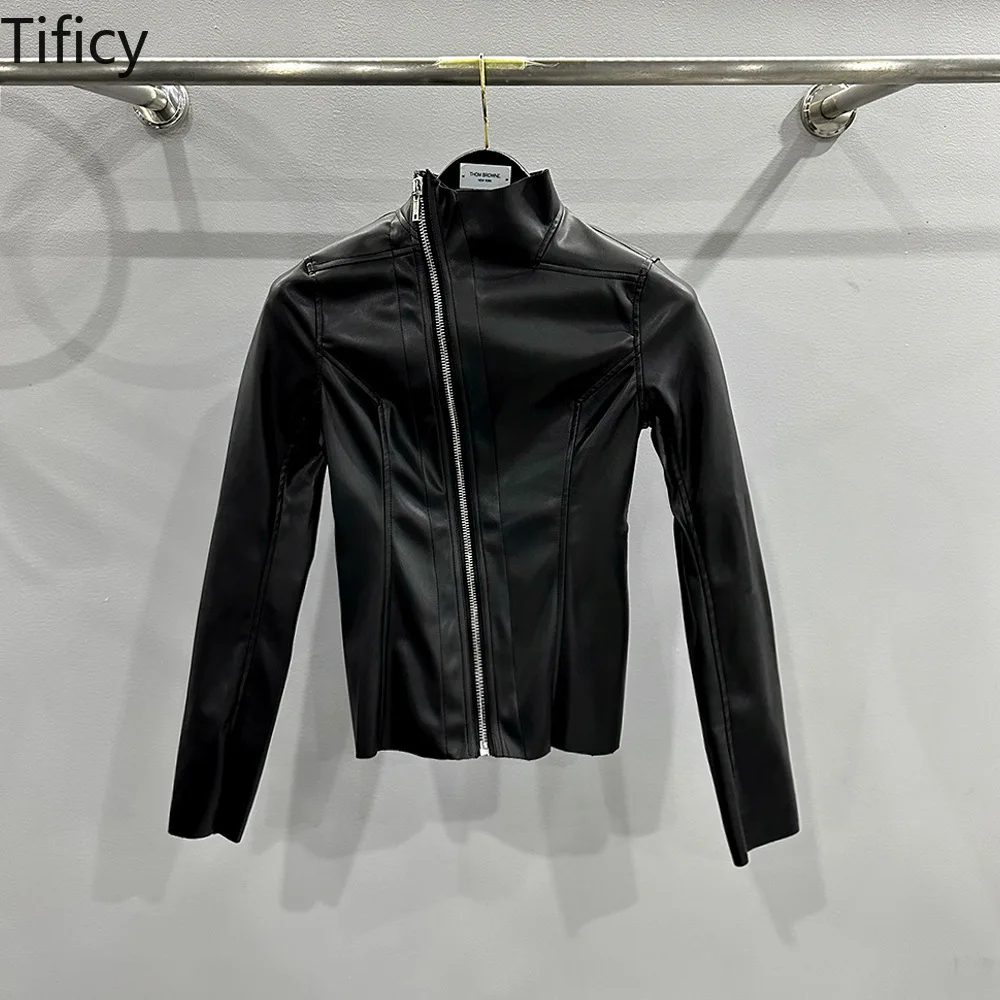 

TIFICY Women's spring and summer PU leather slim fit figure enhancing thin material diagonal zipper high neck leather jacket