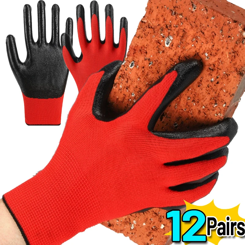 1/12Pairs Safety Working Gloves Premium Nitrile Coated Builders Gardening Grip Industrial Protective Wear-Resistant Work Gloves