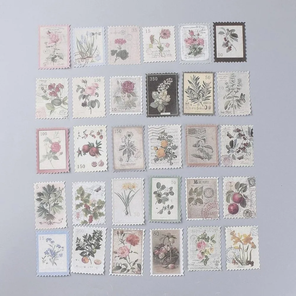 Generic Vintage Postage Stamp Stickers Set Plants Pattern Rectangular 6.8x4.7cm 60pcs/set