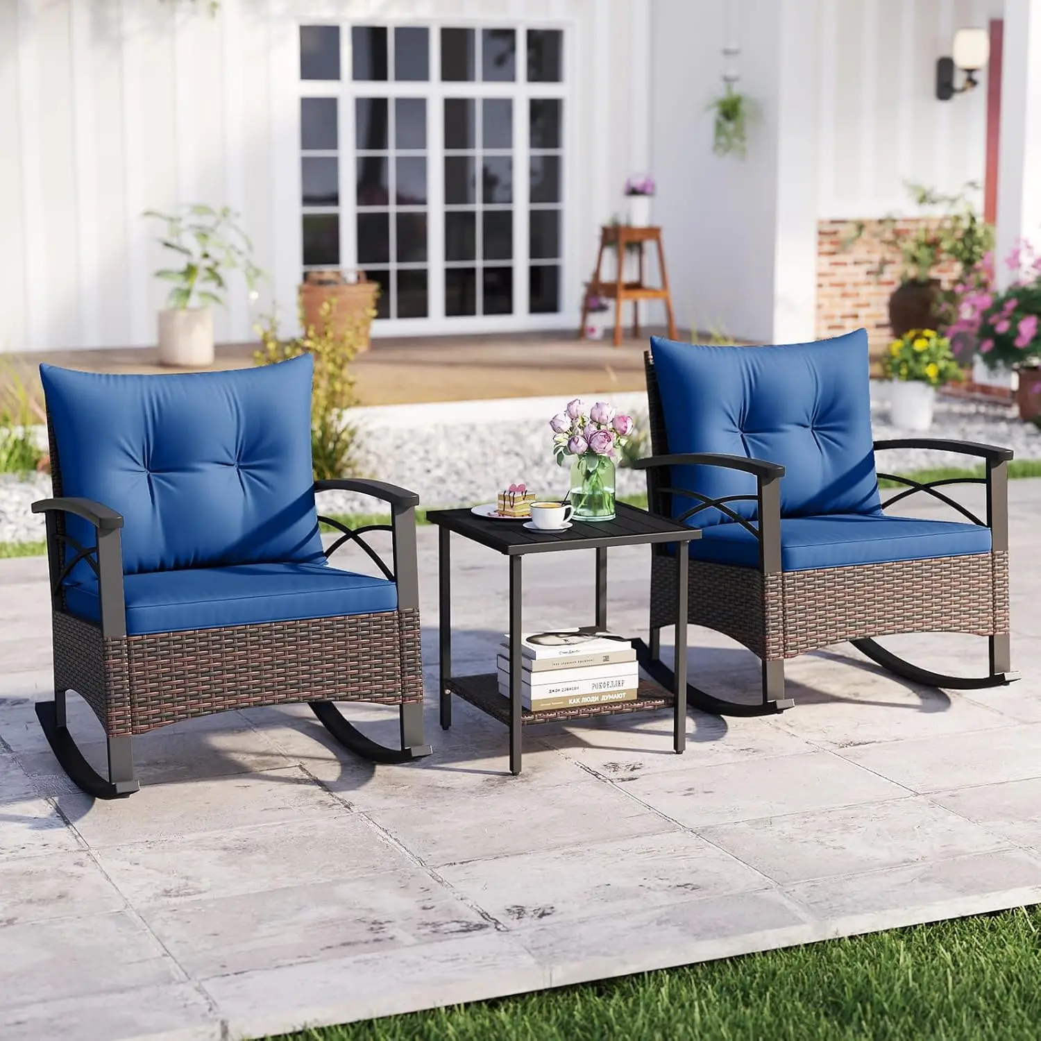 

3-Piece Wicker Rocking Chair Set, Outdoor Cushioned Rocker and Acacia Wood Side Table, 400lbs Capacity,Customized