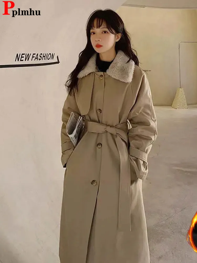 Lambwool Lined Long Parka Jacket Winter Wool Liner Fluffy Belt Parca Chaquetas Faux Fur Collar Thicken Snow Wear Jaquetas