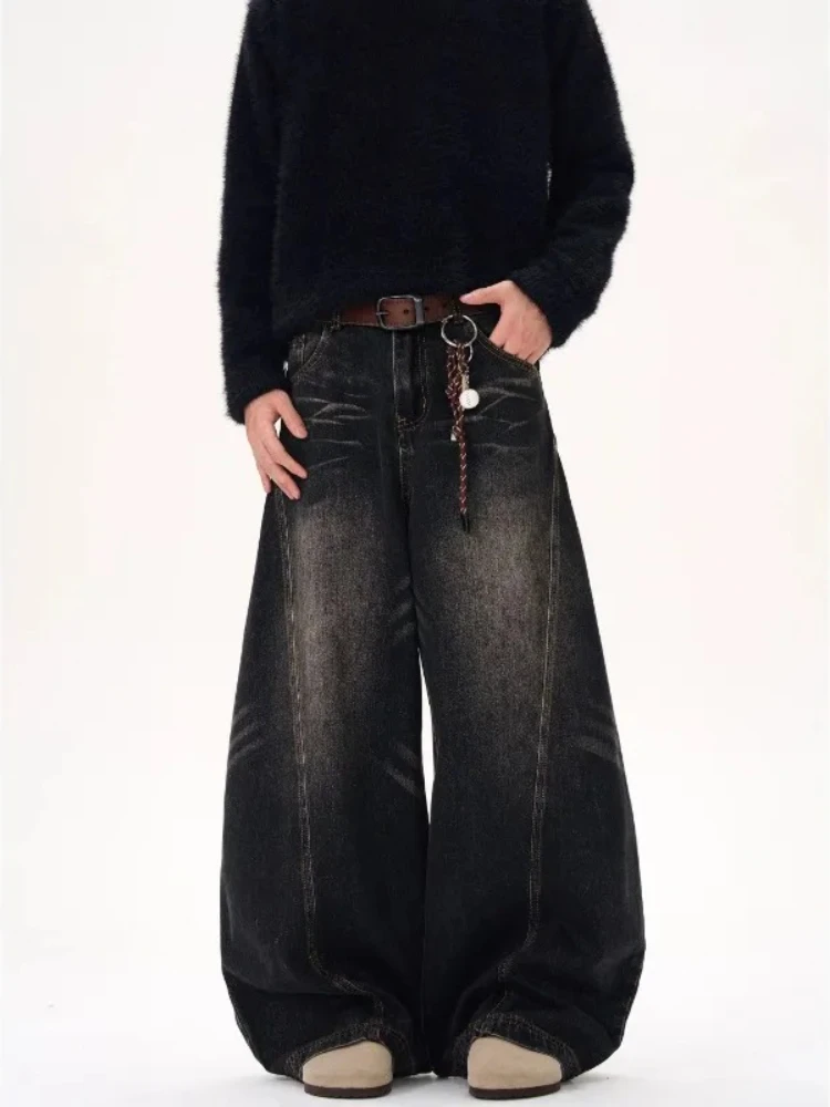 

HOUZHOU Vintage Washed Black Women's Jeans Wide Leg American Style High Waist Baggy Denim Pants Casual Straight Trousers New